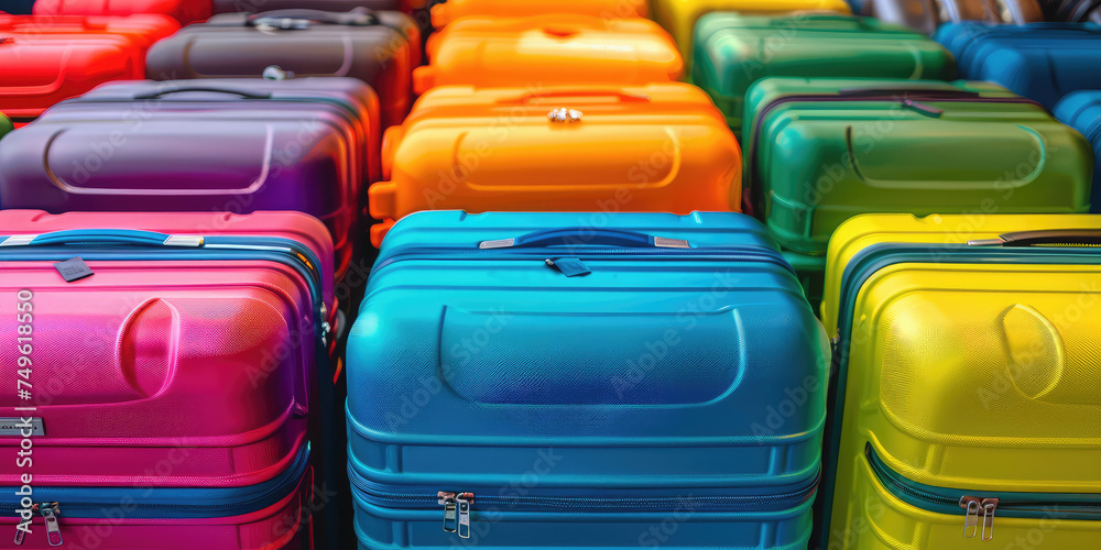 Fototapeta premium Colorful Assortment of Travel Luggage bags. Vibrant collection of multi-colored suitcases, showcasing a range of travel-ready luggage.
