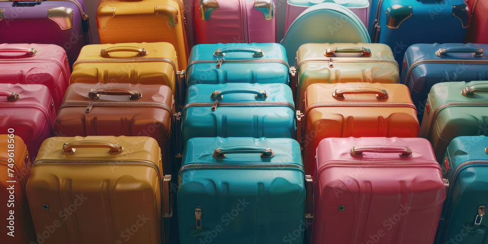 Fototapeta premium Colorful Assortment of Travel Luggage bags. Vibrant collection of multi-colored suitcases, showcasing a range of travel-ready luggage.