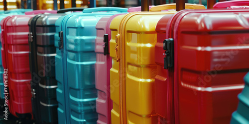 Colorful Assortment of Travel Luggage bags. Vibrant collection of multi-colored suitcases  showcasing a range of travel-ready luggage.