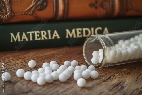 Homeopatic globules spilled from a glass bottle, with homeopathy books in the background photo