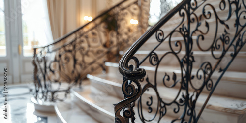Elegant Wrought Iron Staircase Railing. Close-up of a classic wrought iron staircase railing with ornate design, forged products for the interior of the house.