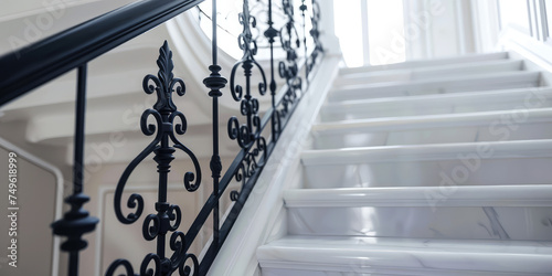 Elegant Wrought Iron Staircase Railing. Close-up of a classic wrought iron staircase railing with ornate design, forged products for the interior of the house. photo