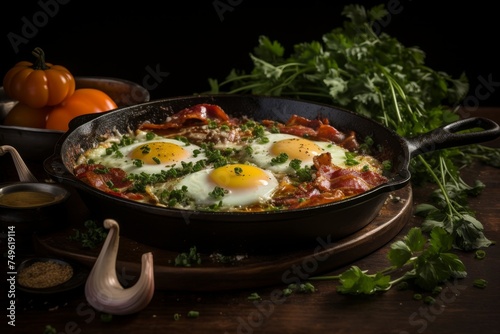 Hearty breakfast of bacon and eggs cooked in a cast iron skillet with fresh herbs on a rustic wooden table in a cozy kitchen, creating a warm and inviting morning scene.