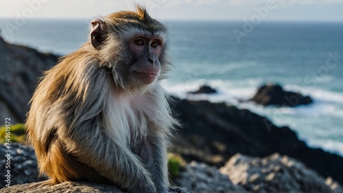 long macaque on a rock photo