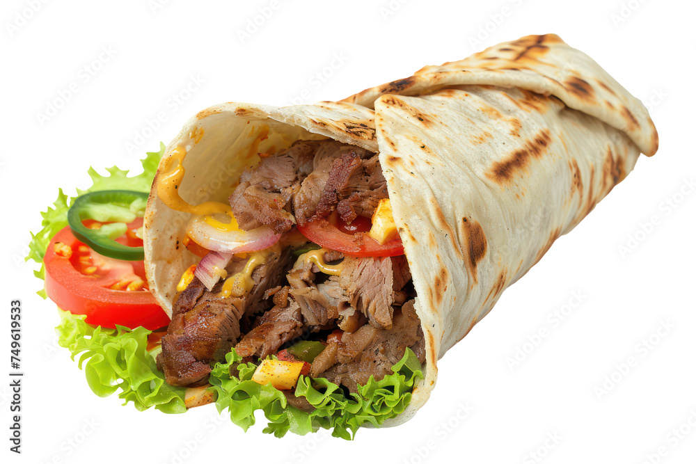 Tasty gyro wrap with beef and fresh vegetables, cut out - stock png. Tasty gyro wrap with beef and fresh vegetables, cut out - stock png.