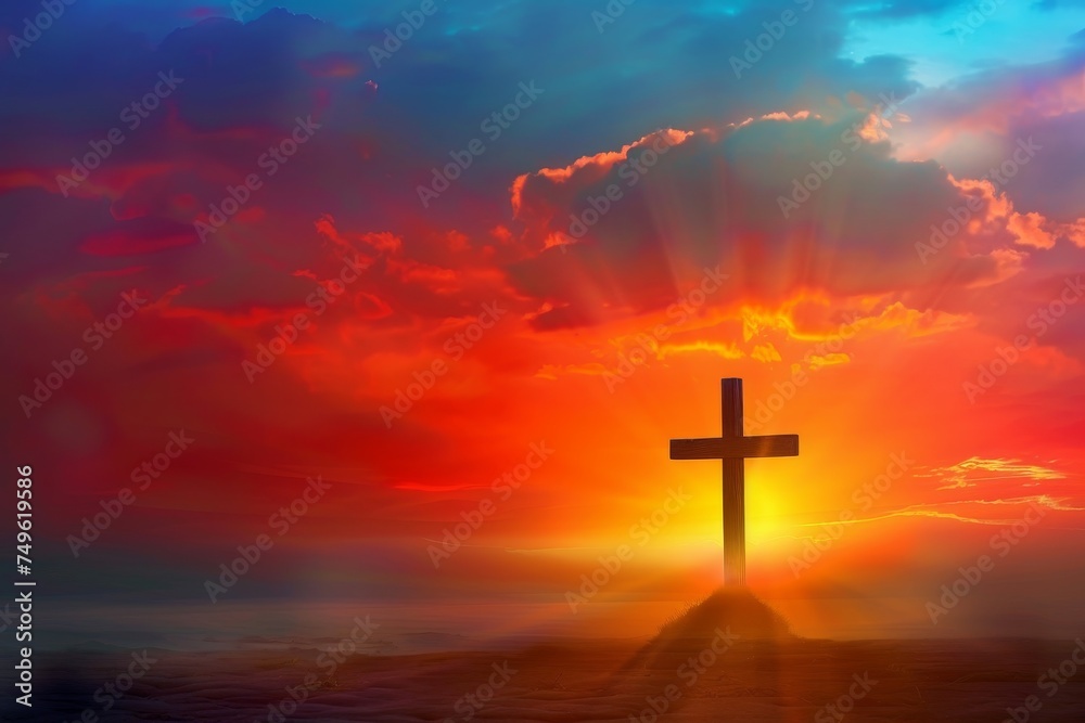 A Glorious Easter Morning: The Symbolic Cross Stands Tall Against the Vibrant Hues of a New Dawn