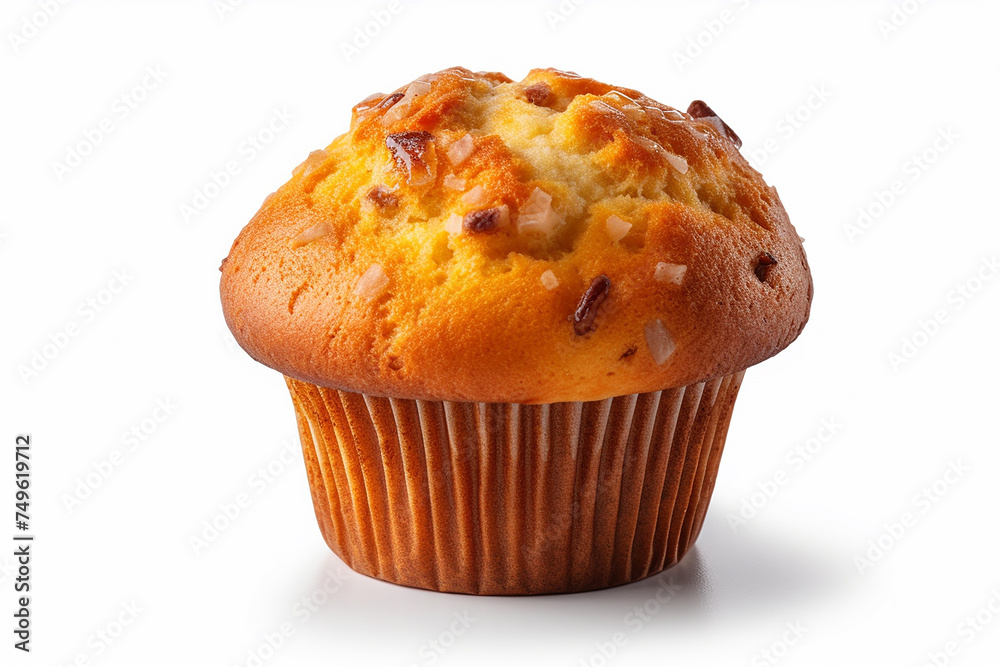 Freshly baked muffin with visible chunks on a white background Freshly baked muffin with visible chunks on a white background