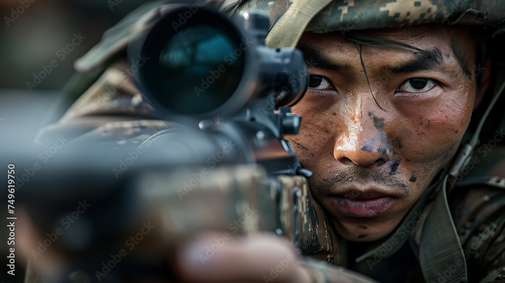 Precision in Focus: A Close-Up of a Sniper Scope and Rifle Precision in Focus: A Close-Up of a Sniper Scope and Rifle