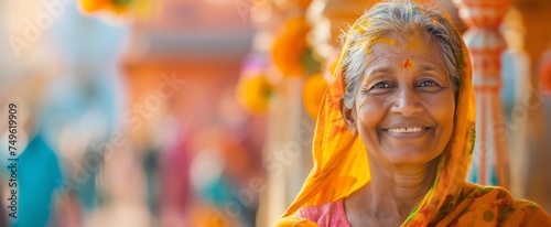 A radiant Indian woman in a vivid orange saree smiles warmly, her visage layered with a festive, double-exposed background.