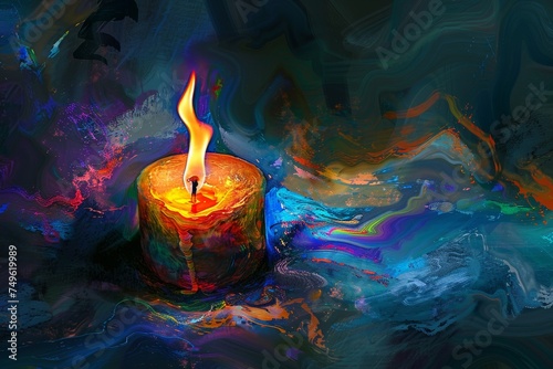 A Whimsical and Colorful Abstract Depiction of the Warm, Flickering Flame of an Easter Candle Illuminating the Surrounding Darkness