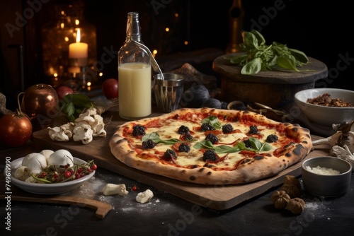 Rustic Italian pizza with mushrooms, figs, basil, cheese, and olive oil on a wooden table with candles in the background, creating a cozy and inviting atmosphere for a perfect dining experience.