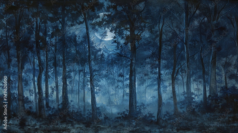 Forest at night with a full moon in the sky obscured by trees. Paintings with scary and mysterious themes. Forest at night with a full moon in the sky obscured by trees. Paintings with scary and mysterious themes.