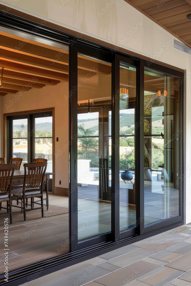 Obraz premium Modern sliding doors with panoramic glass windows opening in the interior of a modern country private house.