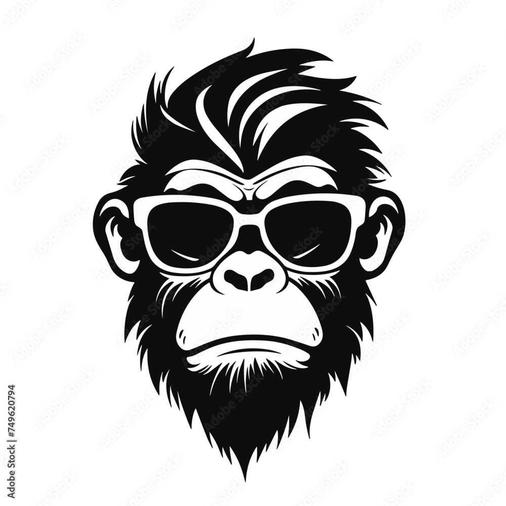 Monkey head with sunglasses isolated on white background. Vector illustration. Monkey head with sunglasses isolated on white background. Vector illustration.