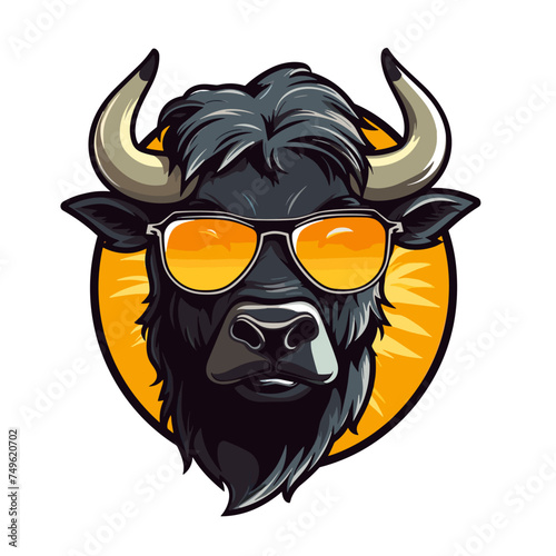 Buffalo head with sunglasses. Vector illustration on isolated white background.