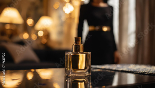 Bottiglia di profumo in una stanza elegante dorata photo