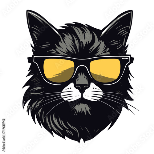 Black cat with sunglasses. Vector illustration isolated on a white background. © viklyaha