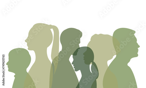 Silhouettes of a group of people.Silhouettes of people of different nationalities standing side by side together.Vector illustration.