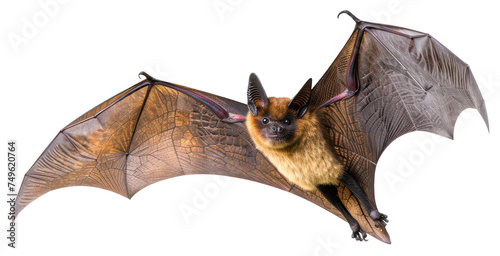 Brown bat with widespread wings flying, cut out - stock png.