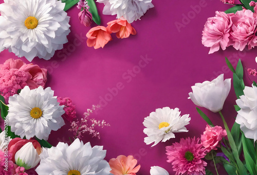 Greetings card for Women's or Mother's Day with floral frame. Template with violet empty space. © nskyr2