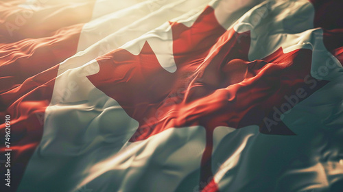 Close up of a Canadian flag flying against a blue sky. Processed for a retro faded look.