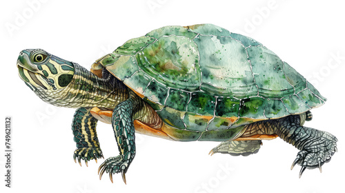 An enchanting watercolor illustration of a small turtle, its green shell and tiny feet painted