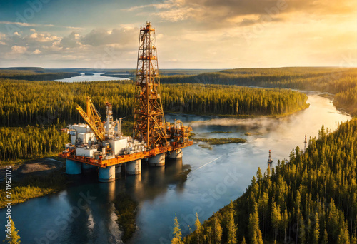 Raw materials mining industry in Siberia. Oil and gas production rigs on platform in the green summer taiga near the river. Evening sun.