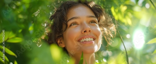 Radiant brunette woman smiling amidst vibrant green leaves, sunlight highlighting her joyful expression.