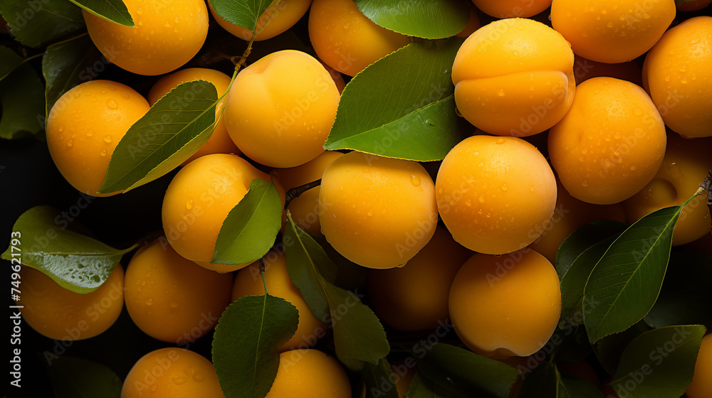 Background from fresh ripe apricots or peaches with green leaves, top view Background from fresh ripe apricots or peaches with green leaves, top view