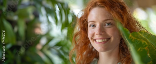 Joyful redhead woman with freckles, basking in the dappled sunlight filtering through lush green leaves.