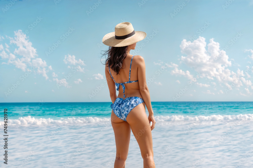 A woman in a blue bikini and straw hat stands on a beach.. Young sexy woman at tropical beach.