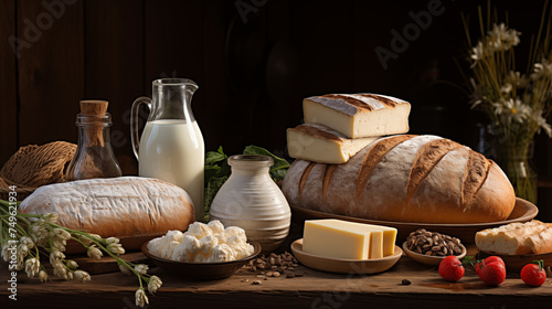Different dairy products, bread and eggs. Concept of healthy food