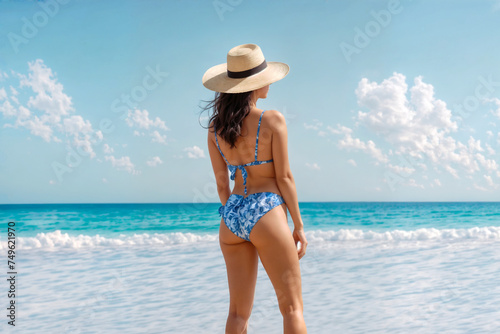 A woman in a blue bikini and straw hat stands on a beach.. Young sexy woman at tropical beach.