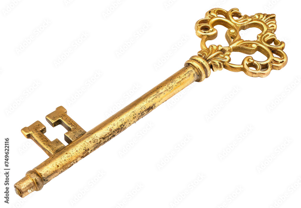 Ornate antique gold key, cut out - stock png.