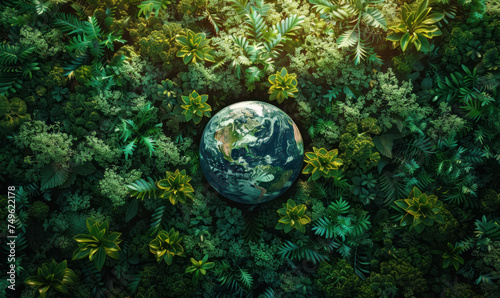 earth day concept, globe nestled among vibrant green forest treetops from above for sustainability theme