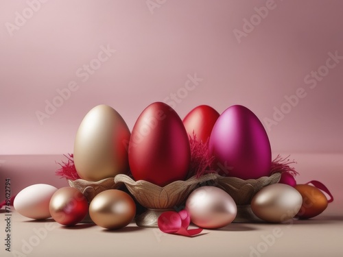 Glossy, multi-colored Easter eggs, on a copper pink background. Still life. Easter celebration, springtime festivity. Graphic design, digital backgrounds, copy space