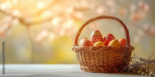Easter eggs in a basket, with a blurred background. Outdoors with natural lighting. The celebration of Easter. Print, banner, poster. With copy space. 