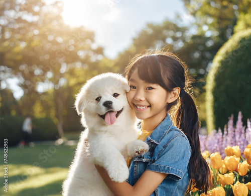 A cute, smiling girl holding an adorable puppy in her hands. Happy puppy. A vibrant green environment photo