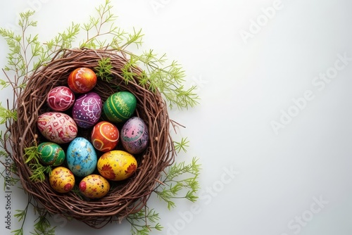 Colorfully painted Easter eggs in a nest. Bright, festive, and seasonal. Easter celebration and springtime.rint materials, digital graphics, and social media posts. Top-down. With copy space. photo