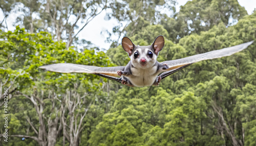 Sugar glider gliding over a beautiful natural landscape