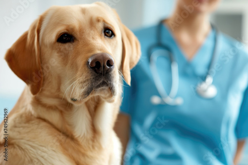 Beautiful Labrador dog in veterinary clinic. Veterinarian dressed in blue uniform on the background