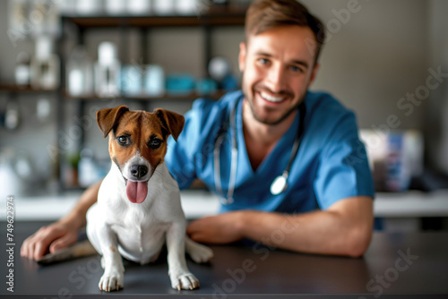 Happy dog in modern vet clinic and smiling veterinarian doctor in blue uniform on the background. Pets care