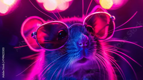 Stylish Mouse with Glasses in Neon Lights