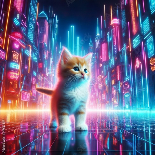 A cute kitten standing in a colorful and bright futuristic neon city.