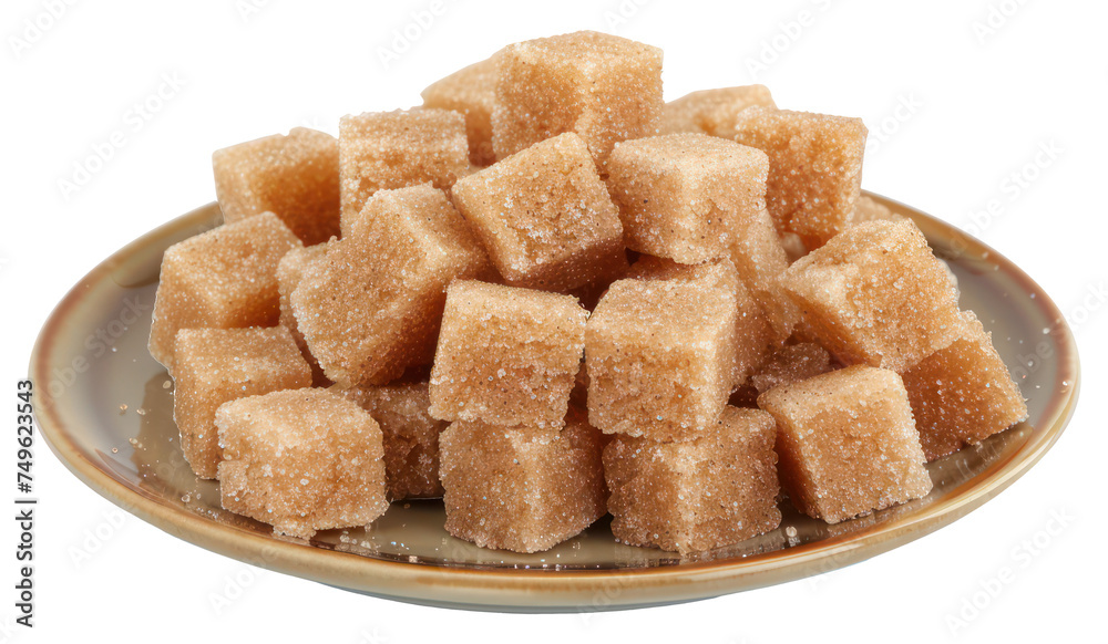 Brown sugar cubes on a sleek plate for culinary use, cut out - stock png. Brown sugar cubes on a sleek plate for culinary use, cut out - stock png.