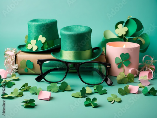 St Patrick's Day hats with shamrocks over, Top view photo of St Patrick' day decorations hat hat-shape party glasses green bow-tie shamrock confetti straws and gift on isolated pastel green design.