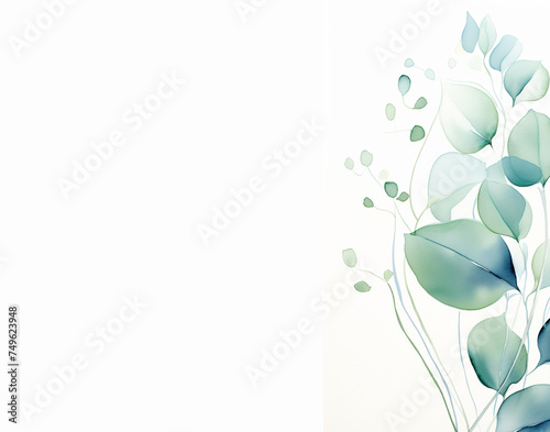 watercolor leaves border frame right side background blue green, teal turquoise blend