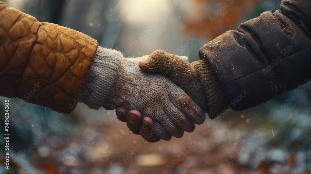 Two people shaking hands, wearing winter gloves, amidst a snowy backdrop. This image is perfect for: unity, friendship, trust, winter, connection.