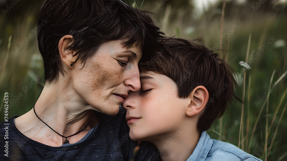 Tender Moment Between Mother and Son in Nature Tender Moment Between Mother and Son in Nature
