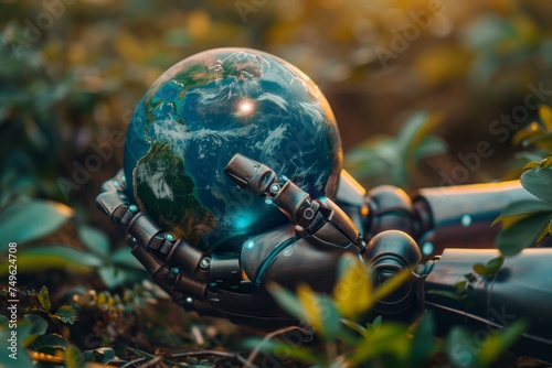 Robot hands holding realistic Earth model, symbolizing environmental care and global unity on ground earth and plant background